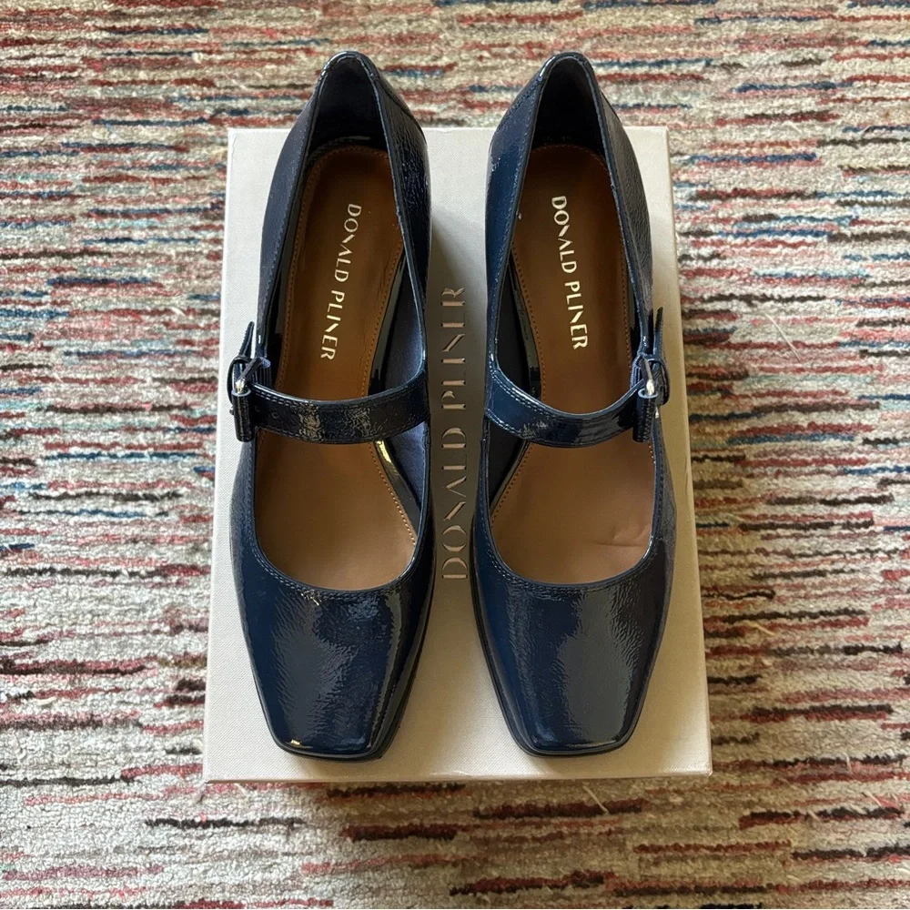 Donald Pliner Mary Jane Pump in Navy Crinkle Patent Leather - Picture 2 of 4
